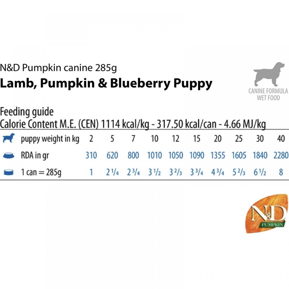 N&D Pumpkin Canine Puppy Lamb Pumpkin&Blueberry Wet Food /Пълноценна Храна За Подрастващи Кученца С Агнешко Месо Тиква И Боровинки/-285гр