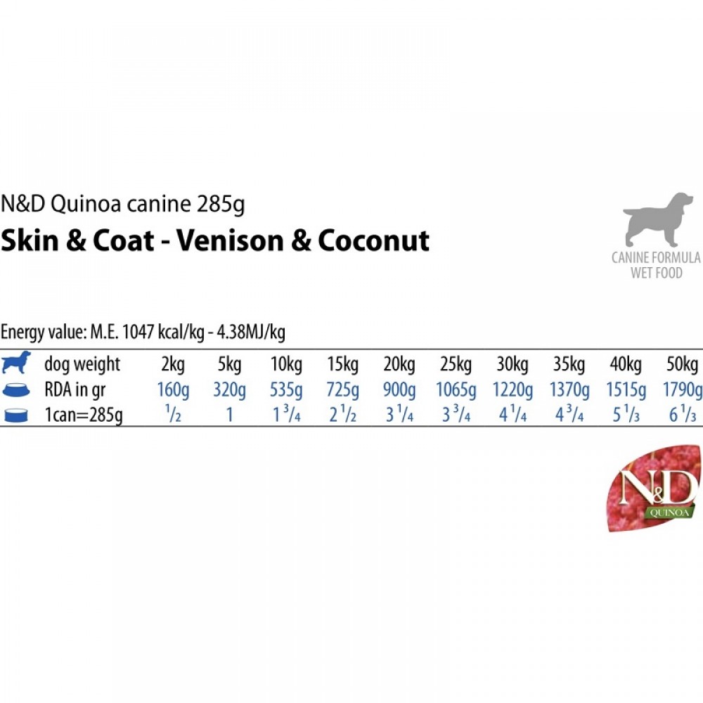 N&D Quinoa Canine Adult Skin&Coat Venison Wet Food /Пълноценна Храна За Израснали Кучета С Хранителна Непоносимост С Еленско Месо И Киноа/-285гр