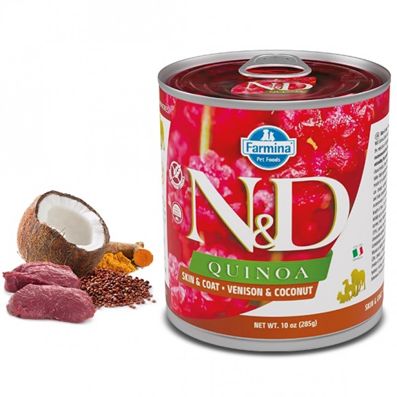 N&D Quinoa Canine Adult Skin&Coat Venison Wet Food /Пълноценна Храна За Израснали Кучета С Хранителна Непоносимост С Еленско Месо И Киноа/-285гр