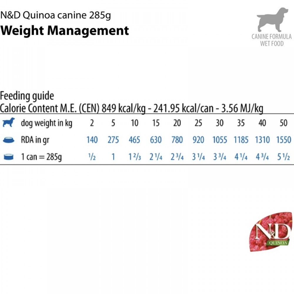N&D Quinoa Canine Adult Weight Management Lamb Wet Food /Пълноценна Храна За Израснали Кучета Склонни Към Напълняване С Агнешко Месо И Киноа/-285гр