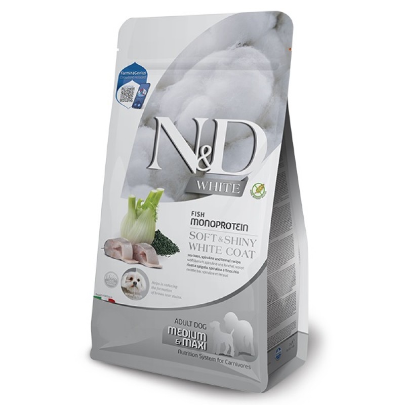 N&D White Canine Adult Medium&Maxi Fish Monoprotein /Пълноценна Монопротеинова Храна За Израснали Кучета Средни И Едри Породи С Бяла Козина С Лаврак Спирулина И Фенел/-7кг N&D White Canine Adult Medium&Maxi Fish Monoprotein /Пълноценна Монопротеинова Храна За Израснали Кучета Средни И Едри Породи С Бяла Козина С Лаврак Спирулина И Фенел/-7кг