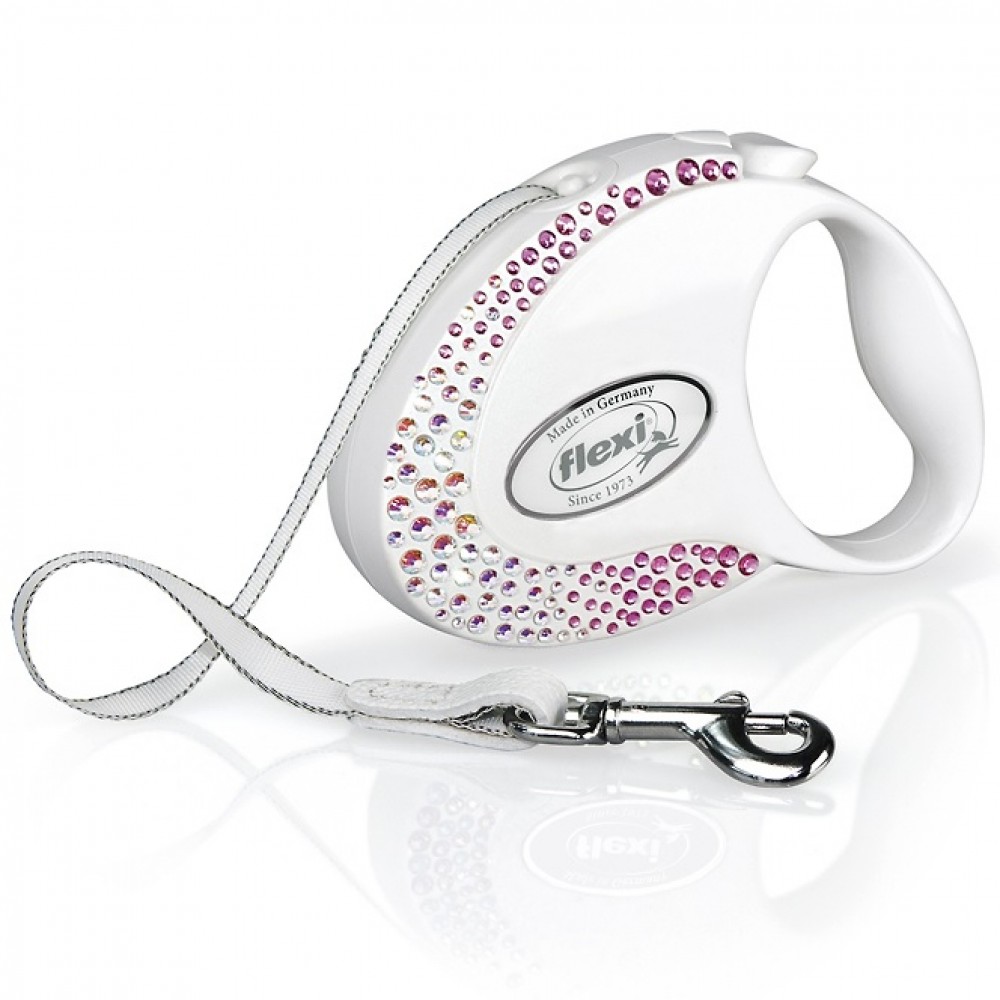 Flexi Glam Composition S Tape Pearl-White /Луксозен Автоматичен Повод С Камъни Swarovski® За Кучета До 12кг Лента/-3м