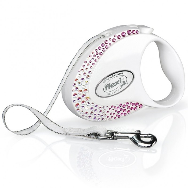 Flexi Glam Composition S Tape Pearl-White /Луксозен Автоматичен Повод С Камъни Swarovski® За Кучета До 12кг Лента/-3м