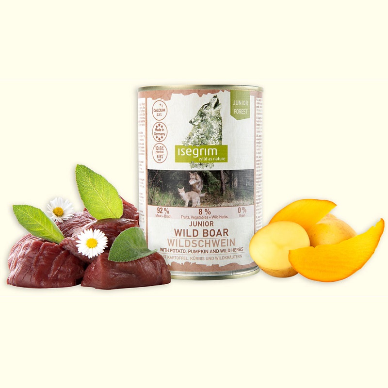 Isegrim Can Junior Wild Boar+Potato Pumpkin&Wild Herbs /Пълноценна Храна За Подрастващи Кученца С Месо От Диво Прасе Картофи Тиква И Диви Билки/-400гр Isegrim Can Junior Wild Boar+Potato Pumpkin&Wild Herbs /Пълноценна Храна За Подрастващи Кученца С Месо От Диво Прасе Картофи Тиква И Диви Билки/-400гр