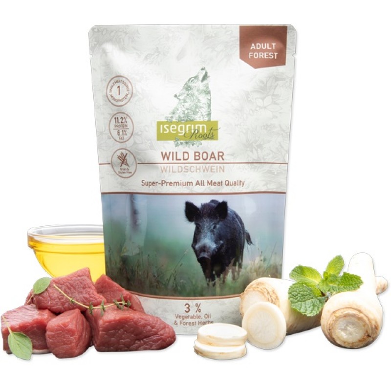 Isegrim Pouch Adult Mono Protein Boar+Parsnip Flaxeed Oil&Forest Herbs /Пълноценна Храна За Израснали Кучета С Месо От Глиган Пащърнак Ленено Масло И Горски Билки/-410гр Isegrim Pouch Adult Mono Protein Boar+Parsnip Flaxeed Oil&Forest Herbs /Пълноценна Храна За Израснали Кучета С Месо От Глиган Пащърнак Ленено Масло И Горски Билки/-410гр