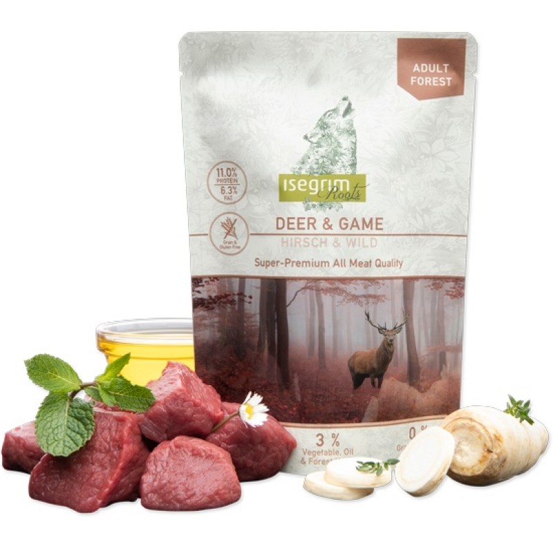Isegrim Pouch Adult Duo Protein Deer+Game With Parsleyroots Sunflower Oil&Forest Herbs /Пълноценна Храна За Израснали Кучета С Еленско Месо Дивеч Корен От Магданоз Шафраново Масло И Горски Билки/-410гр
