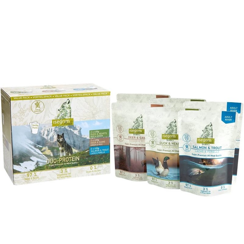 Isegrim Pouch Adult Multipack Duo Protein /Пълноценна Храна За Израснали Кучета С 3 Вкуса/-6х410гр Isegrim Pouch Adult Multipack Duo Protein /Пълноценна Храна За Израснали Кучета С 3 Вкуса/-6х410гр