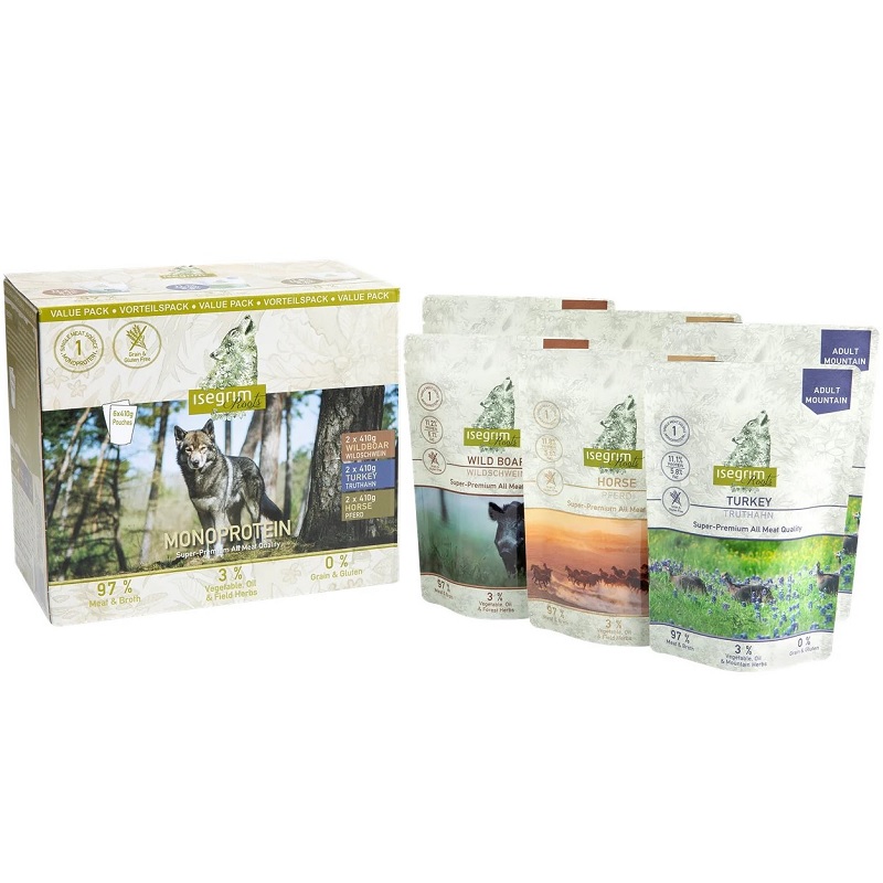 Isegrim Pouch Adult Multipack Mono Protein /Пълноценна Храна За Израснали Кучета С 3 Вкуса/-6х410гр Isegrim Pouch Adult Multipack Mono Protein /Пълноценна Храна За Израснали Кучета С 3 Вкуса/-6х410гр