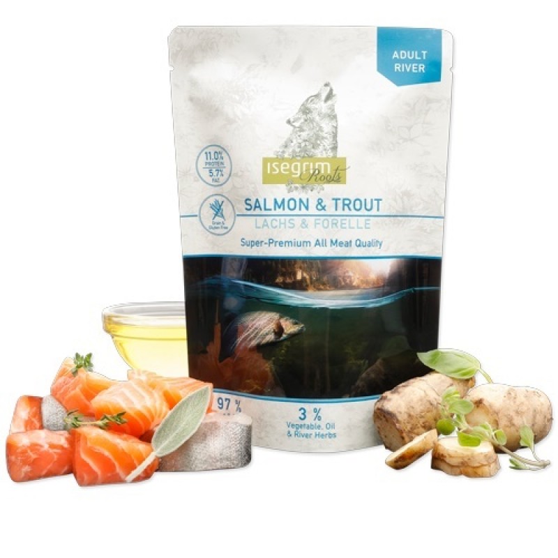 Isegrim Pouch Adult Duo Protein Salmon+Trout With Sunchoke Safflower Oil&River Herbs /Пълноценна Храна За Израснали Кучета Със Сьомга Пъстърва Артишок Шафраново Масло И Крайречни Билки/-410гр