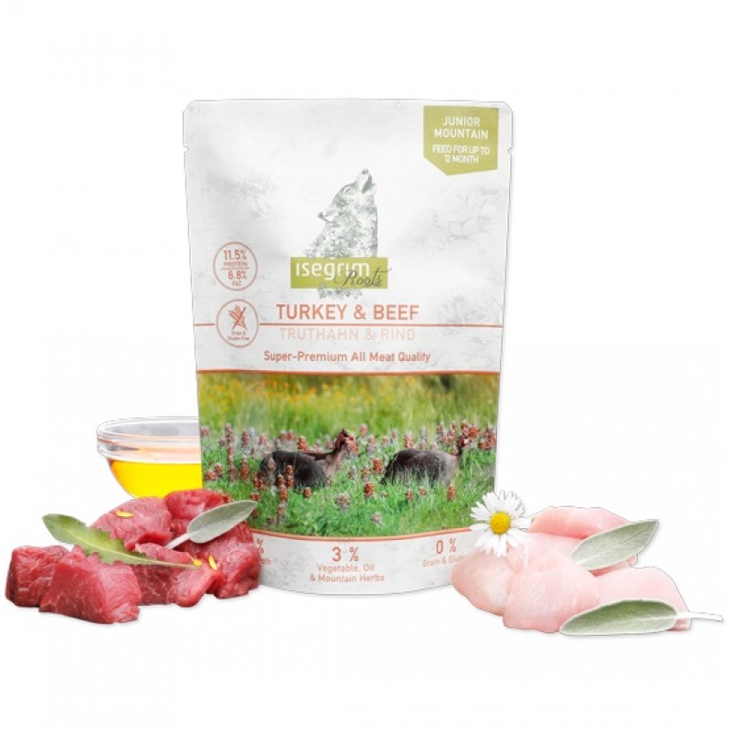 Isegrim Pouch Junior Turkey+Beef With Sweet Potato Salmon Oil&Mountain Herbs /Пълноценна Храна За Подрастващи Кученца С Пуешко Говеждо Масло От Сьомга И Планински Билки/-410гр Isegrim Pouch Junior Turkey+Beef With Sweet Potato Salmon Oil&Mountain Herbs /Пълноценна Храна За Подрастващи Кученца С Пуешко Говеждо Масло От Сьомга И Планински Билки/-410гр