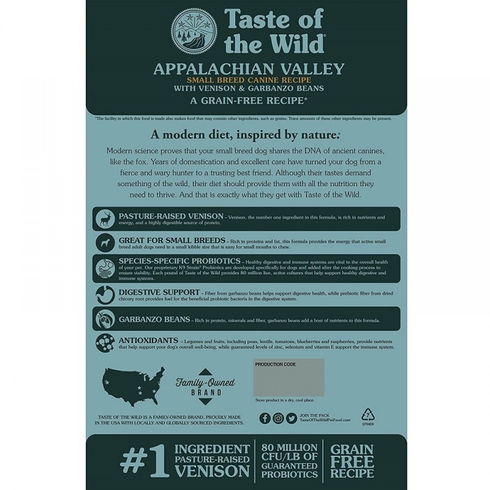 Taste Of The Wild Appalachian Valley Small Breed Canine Recipe With Venison&Garbanzo Beans /Храна За Израснали Кучета Дребни Породи С Месо От Елен И Нахут/-12,2кг