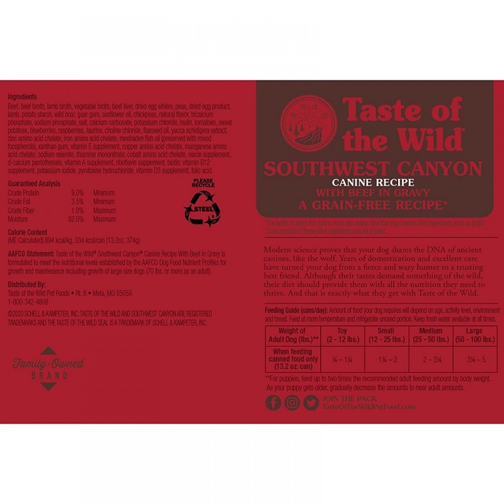 Taste Of The Wild Southwest Canyon Canine Recipe With Beef In Gravy /Храна За Израснали Кучета С Говеждо Месо В Сос Грейви/-390гр Taste Of The Wild Southwest Canyon Canine Recipe With Beef In Gravy /Храна За Израснали Кучета С Говеждо Месо В Сос Грейви/-390гр